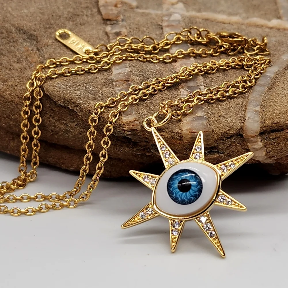 Rhodium 14K Gold Plated Chain Moroccan Evil Eye Star Mystic Pendant